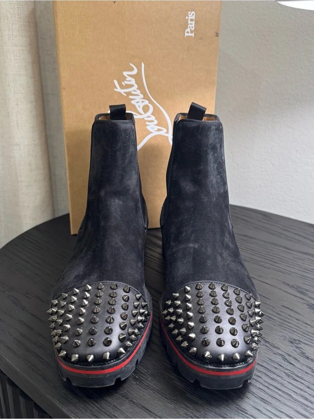 Christian Louboutin Melon Spikes Chelsea Boots Suede Black 42